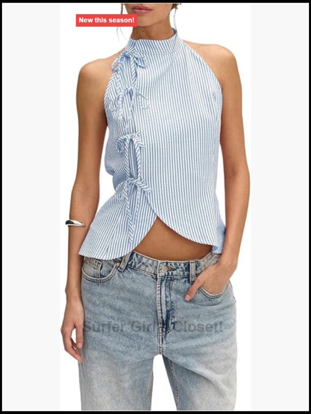 Striped Halter Tank Top - Sleeveless Open Back Asymmetrical Hem